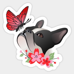 French Bulldog Head with Spring Flowers and Butterfly Sticker